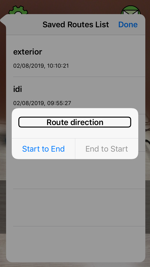 Screen to select the direction of the route