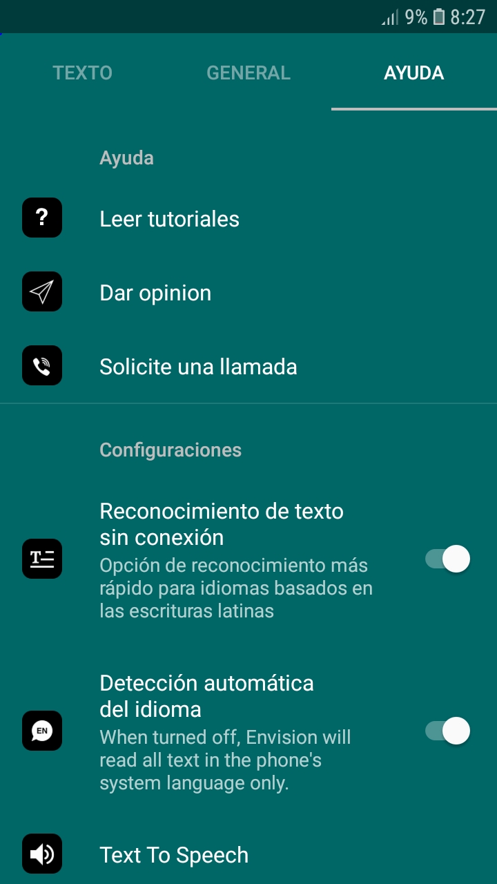 Pestaña Ayuda en Android