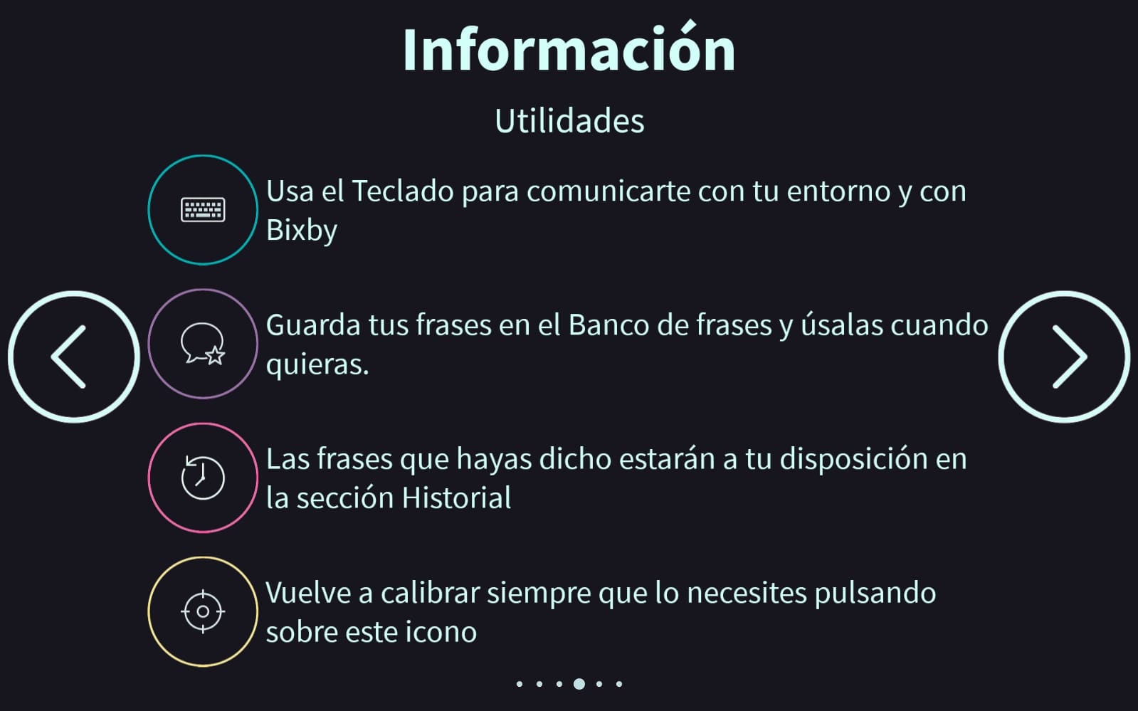 summarize each utility with one sentence; keyboard and bixby, phrase bank, history and calibration