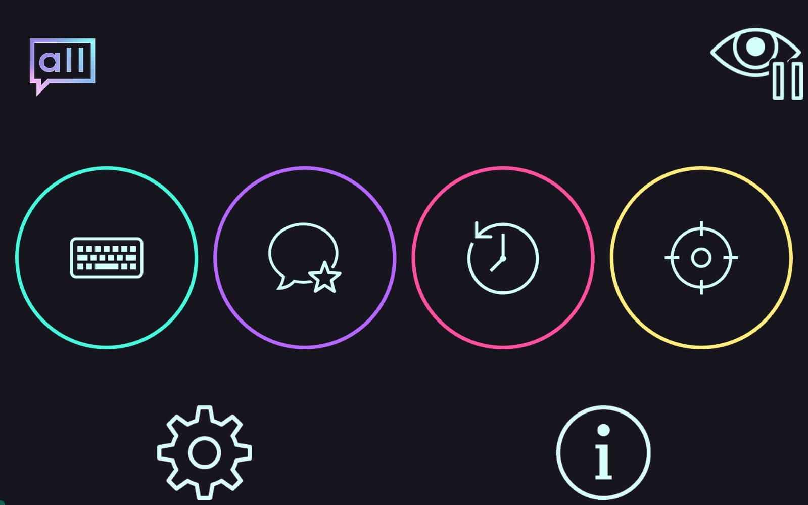 logo de la app arriba a la izquierda, arriba a la derecha icono de pausar uso de mirada, abajo los iconos de configuración e información y en el centro de la pantalla los iconos más grandes son de las cuatro funcionalidades