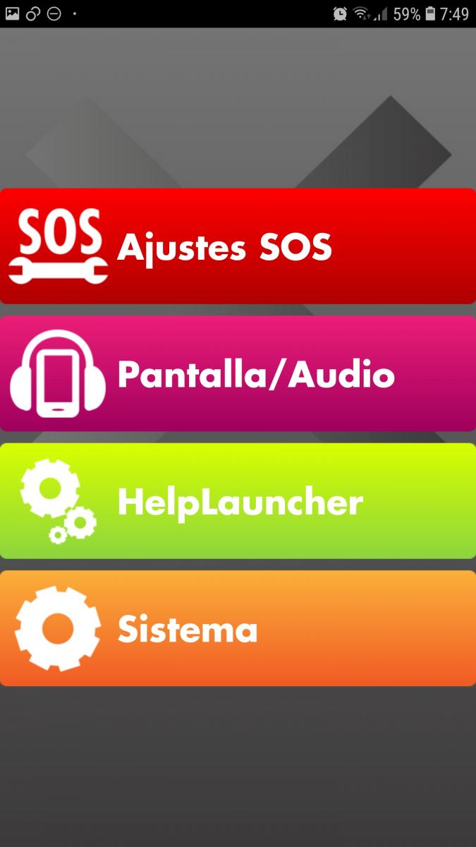 Image of the settings menu where you can access the settings for the SOS button, display, audio and system settings