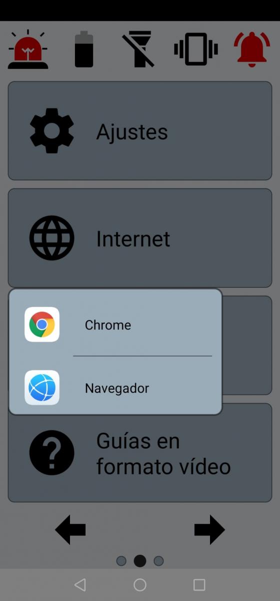 Se muestran los navegadores disponibles tras seleccionar la opción de internet en la segunda página.
