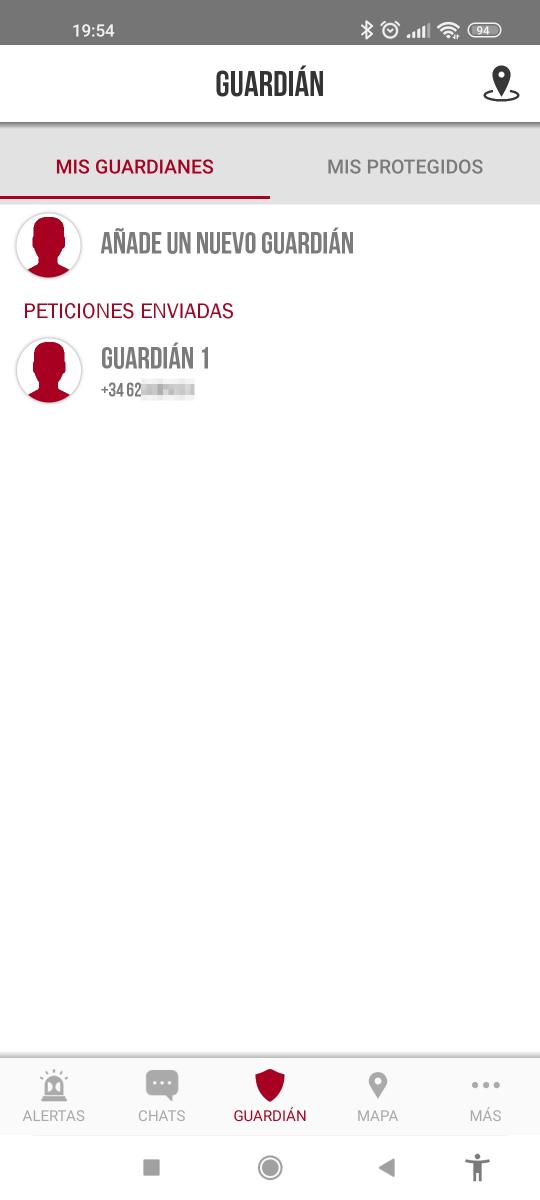 Imagen de la pantalla "Guardián" de AlertCops versión Android