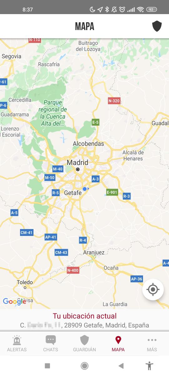 Imagen de la pantalla "Mapa", donde se visualiza nuestra ubicación