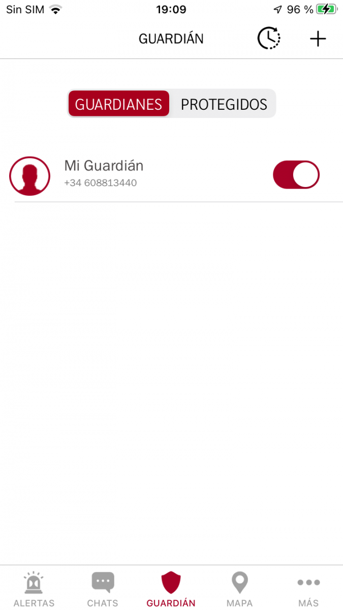 Imagen de la pantalla "Guardián" de AlertCops versión iOS