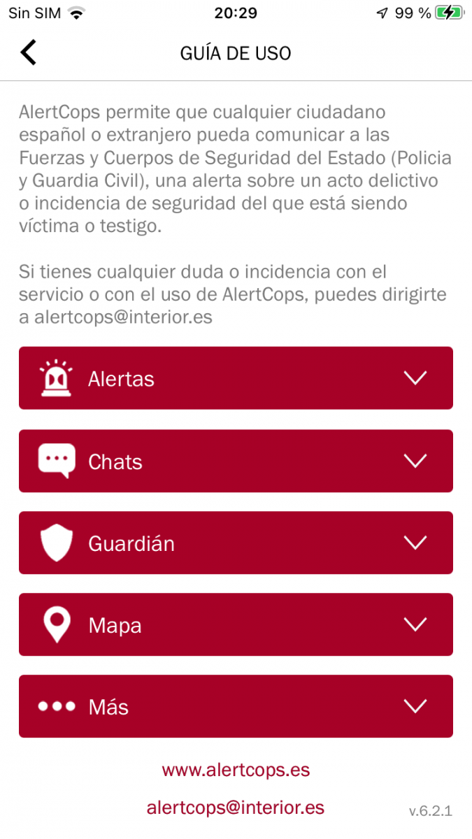 Imagen de la pantalla "Guía de uso" de AlertCops versión iOS