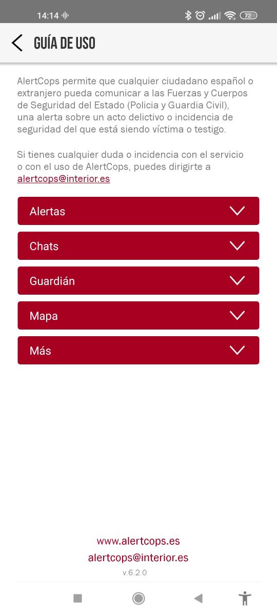 Imagen de la pantalla "Guía de uso" de AlertCops versión Android