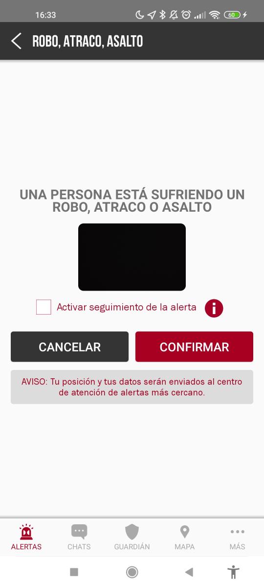 Imagen de la pantalla "Robo, atraco, asalto" con el mensaje "Una persona está sufriendo un robo, atraco o asalto"
