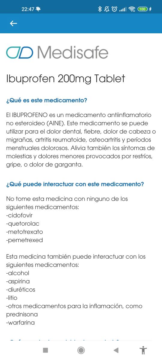 Imagen: Información proporcionada por Medisafe sobre el medicamento añadido