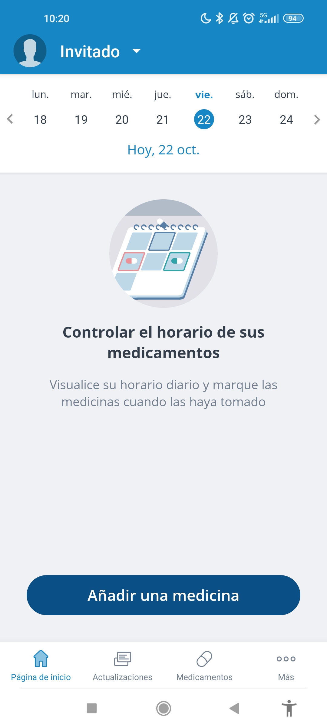 Imagen de página de inicio de la app Medisafe
