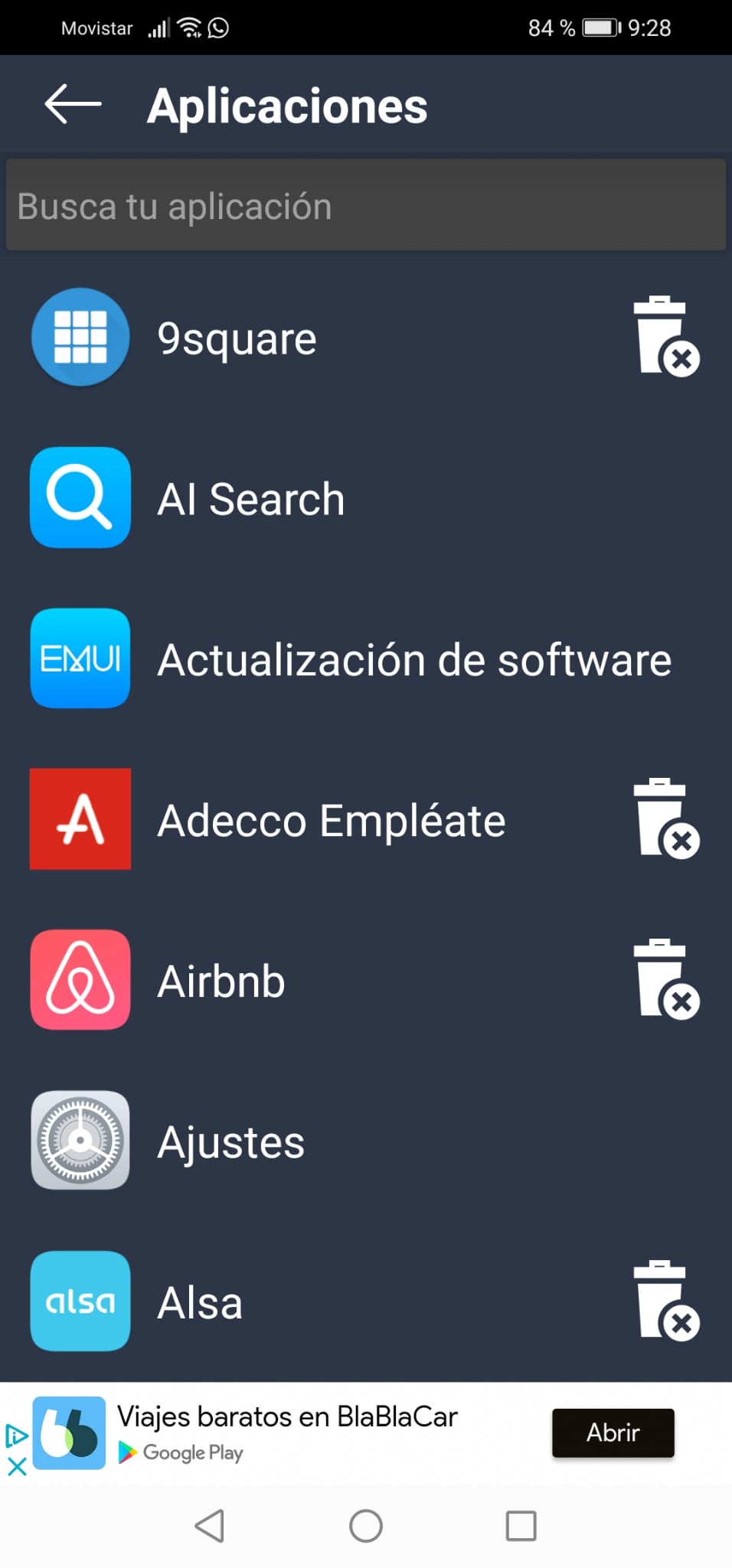 The applications of our device and the option to search or uninstall a particular one are shown.