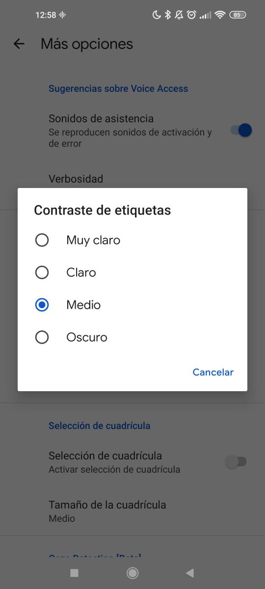 Image of the "Label Contrast" menu where you must choose one of 5 options