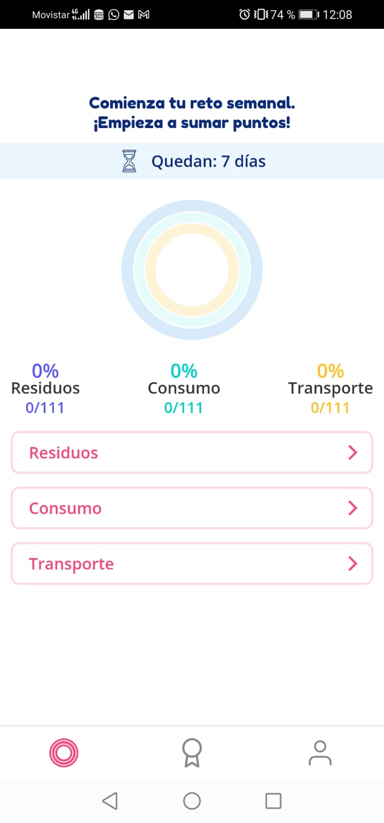 En la imagen se puede ver la página principal de la app en la que se diferencian las secciones de residuos, consumo y transporte.