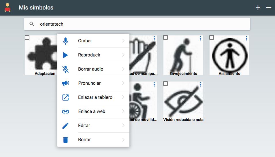 Imagen que muestra las diferentes acciones que se pueden realizar sobre un símbolo entre ellos: grabar, pronunciar, editar, etc.