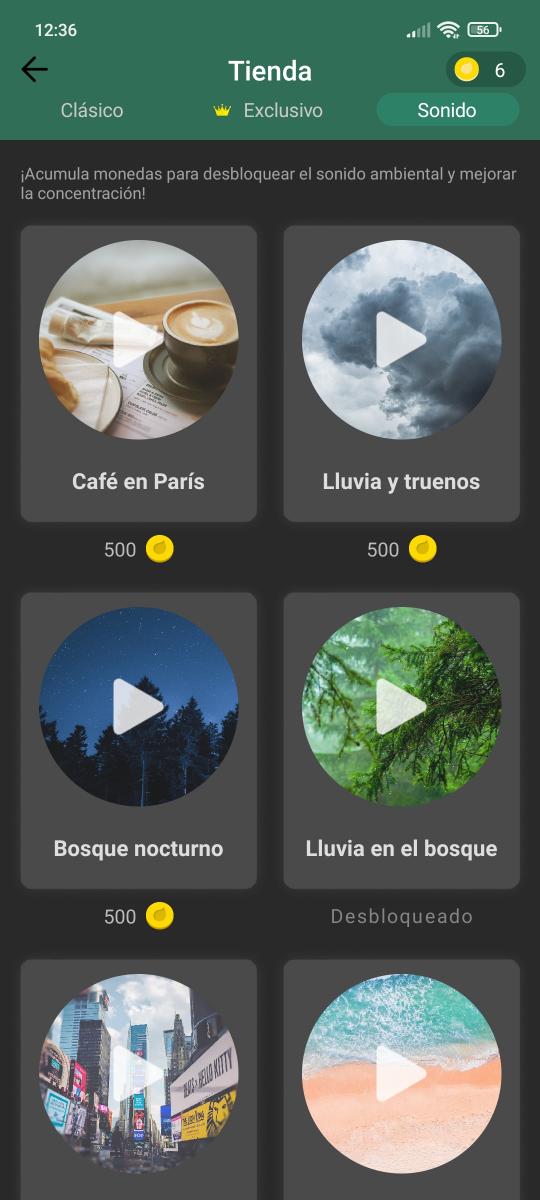 Image showing the store available in the application. Inside the store, it shows the sound section in which users can buy different sounds that will accompany them during their concentration process.