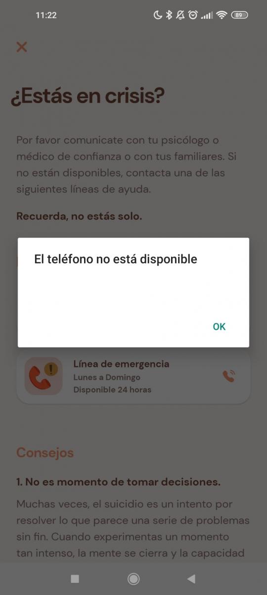 Imagen que muestra eel siguiente mensaje "El teléfono no está disponible"