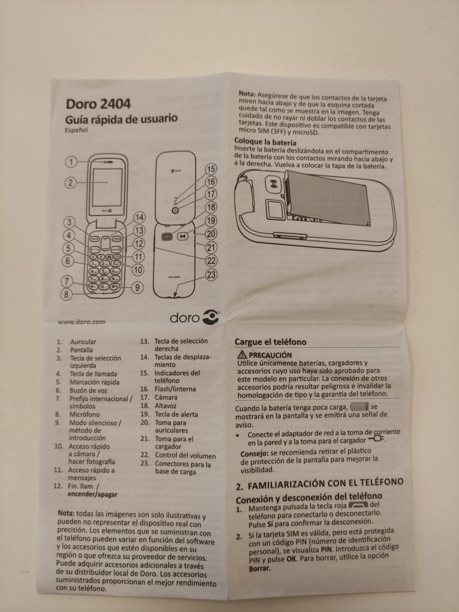Image showing the first four sides of the Doro 2404 Quick User Guide.