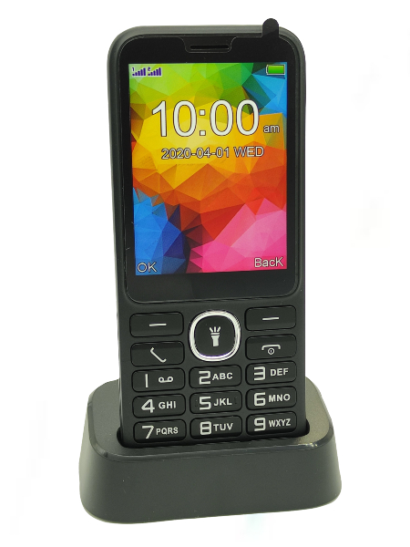 Image showing the Wiko F200 terminal from the front resting on its charging base.