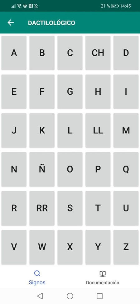 Imagen que enseña la categoría del alfabeto dactilológico en la app.