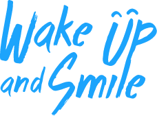 Icono de Wake Up and Smile, representado por el nombre completo de la experiencia, con letras de color azul.