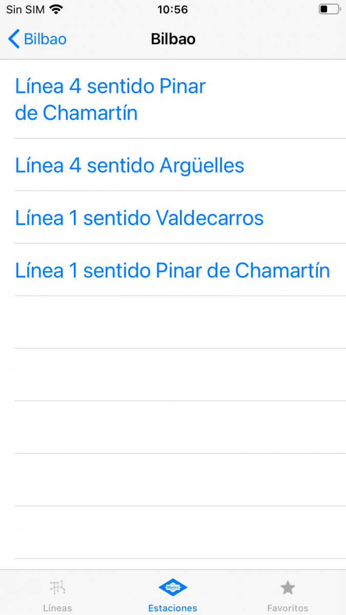 Lista con las líneas de disponibles en la estación de Bilbao, 1 y 4, diferenciando en función del sentido.
