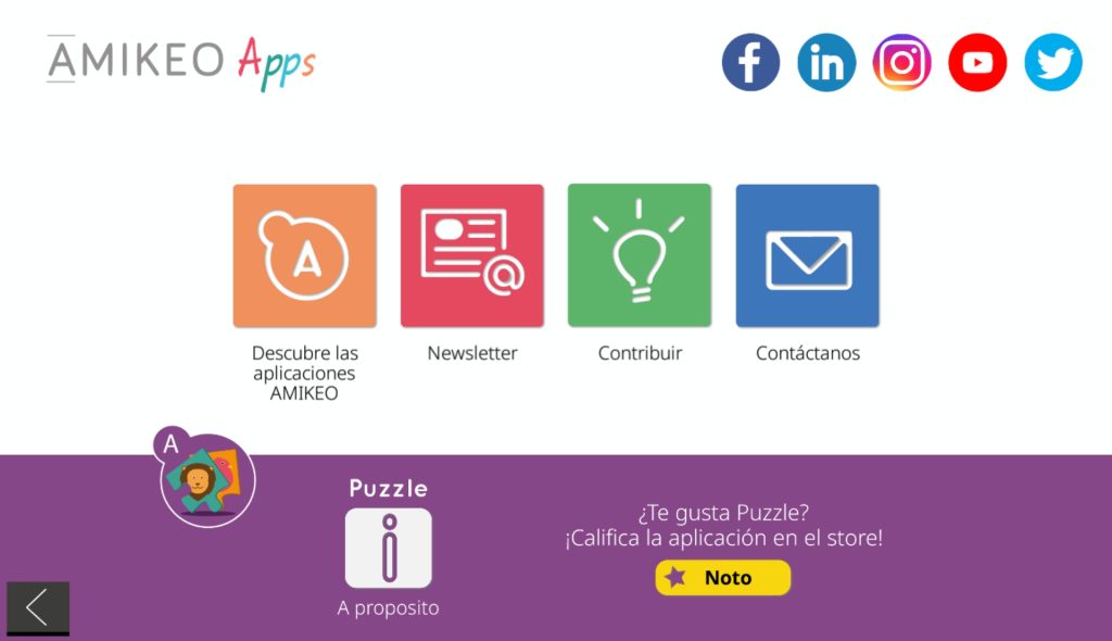 Página de información de la app. En la parte central hay una lista de cuatro botones. De izquierda a derecha son: descubrir aplicaciones de amikeo, noticias, contribuir y contáctanos. En la parte inferior hay un botón para votar la aplicación.