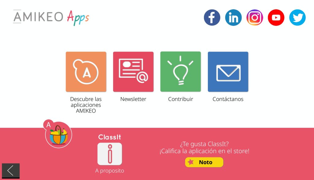 Página de información de la app. En la parte central hay una lista de cuatro botones. De izquierda a derecha son: descubrir aplicaciones de amikeo, noticias, contribuir y contáctanos. En la parte inferior hay un botón para votar la aplicación.