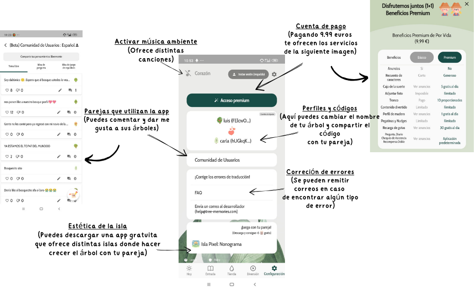 Página de configuración de la app. Pulsando de arriba a abajo se accede a las siguientes configuraciones: seleccionar la música, cambiar a cuenta premium, mirar y retocar tu perfil pudiendo mandar el código de cuenta a otros usuarios, ver otros perfiles de cuentas, mandar correos para corrección de errores y, por último, opción de descarga de apps para añadir estéticas nuevas a tu isla.