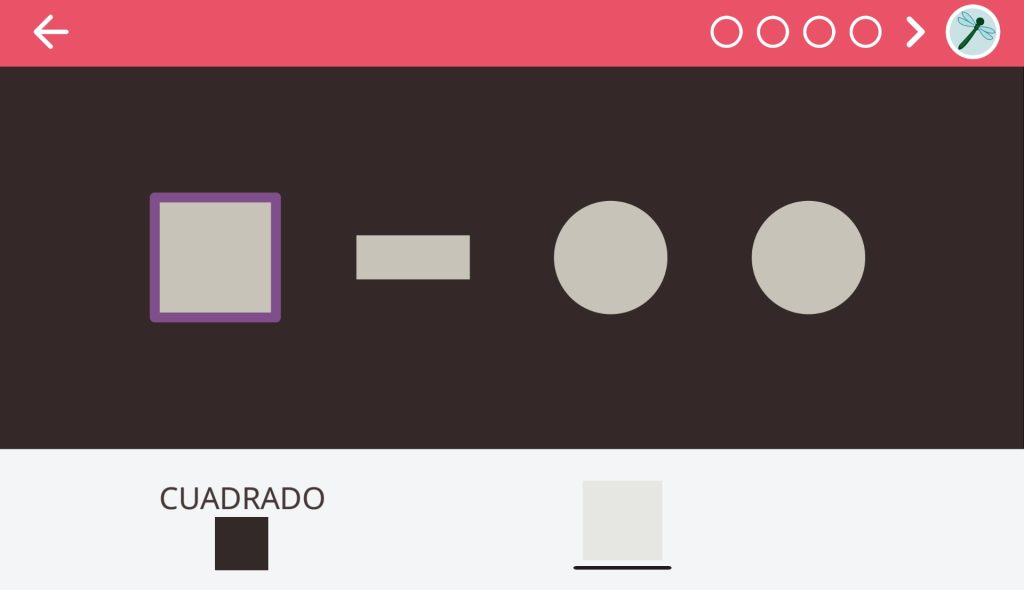 Página del nivel empezar. En la parte central aparecen cuatro formas distintas. De izquierda a derecha son: un cuadrado, un rectángulo, y dos circulos. La figura a seleccionar entre estás, aparece debajo con una imágen. En la parte superior derecha, está el número de rompecabezas por nivel a realizar y un último icono del minijuego que toque hacer.