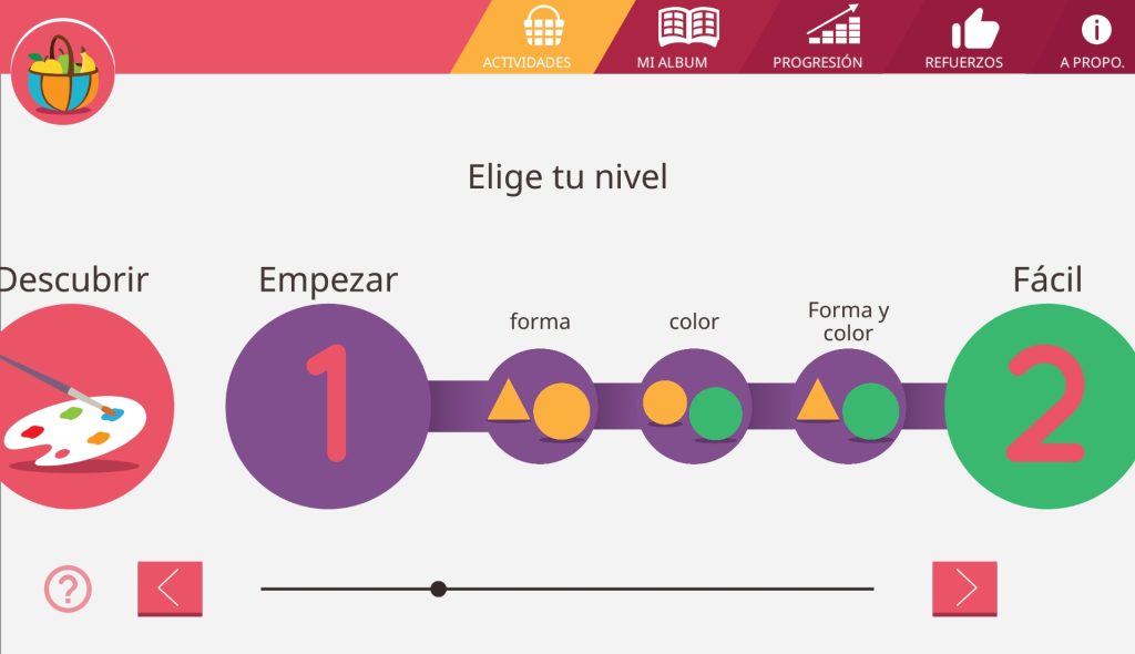 Página de configuracion del nivel. En la parte central está el pulsador del nivel llamado empezar. Al pulsarlo, aparece una lista con tres opciones para pulsar. De izquierda a derecha son: forma, color, forma y color.