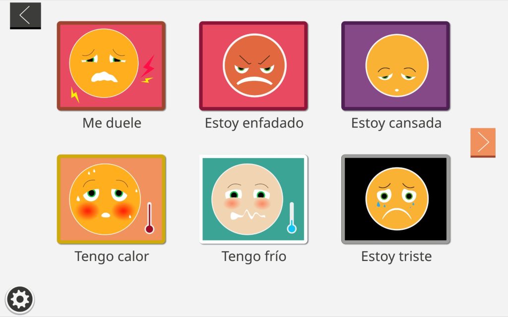 Página de las emociones. Hay una lista de seis imágenes correspondientes a las emociones, tres en la parte superior y tres en la parte inferior. De izquierda a derecha en la superior son: me duele, estoy enfadado, estoy cansada y en la parte inferior son: tengo calor, tengo frío y estoy triste. Hay una flecha en la parte central a la derecha para pasar de página y un icono para retocar las imagenes en la parte inferior a la izquierda.