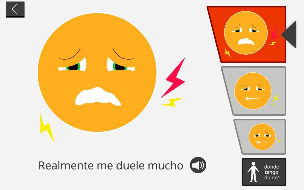 Página de emoción de dolor. A la derecha, de arriba a abajo hay tres iconos que representan el nivel de sentimiento con esa emoción yendo desde un mayor sentimiento la de mas arriba hasta un menor sentimiento la de mas abajo. Debajo de estos, hay un último icono para seleccionar donde sientes el dolor en el cuerpo.