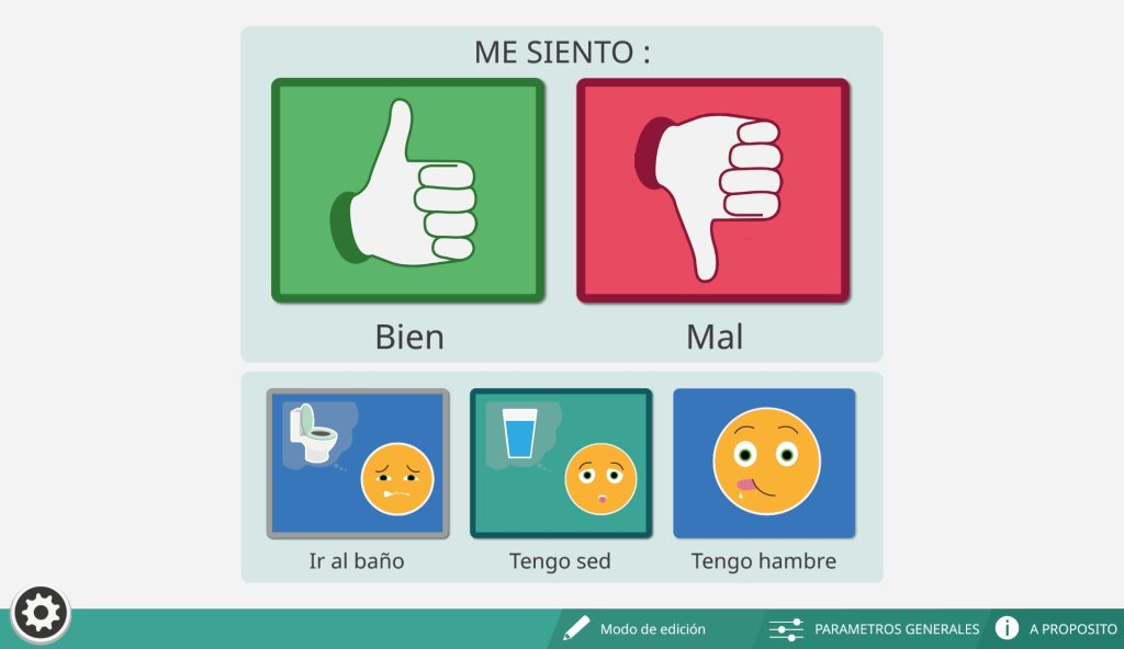 Página principal. Hay dos iconos en la parte superior que son: bien el de la izquierda y mal el de la derecha. Debajo hay tres iconos que de izquierda a derecha son: ir al baño, tengo sed y tengo hambre. En la esquina inferior a la derecha hay tres opciones para pulsar que de izquierda a derecha son: modo de edición, parámetros generales y a proposito. En la parte inferior a la izquierda hay un icono para las opciones.