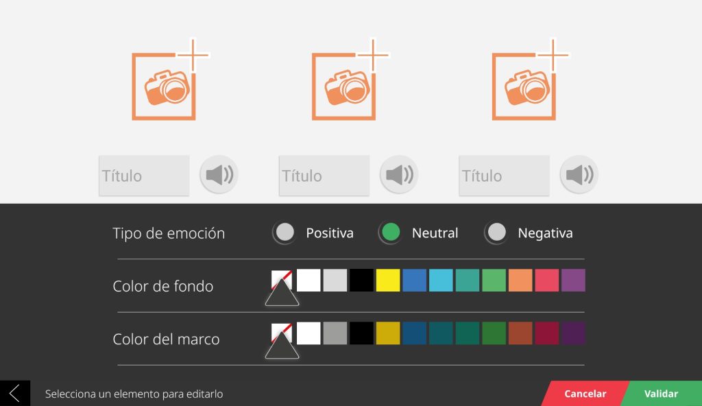 Página de la edición. En la parte superior hay tres iconos para añadir tres imágenes y debajo de cada una un cuadro de texto para añadir un título. Debajo hay una lista de selección del tipo de emoción para la imagen que de izquiera a derecha son: positiva, neutral y negativa y debajo de esta dos opciones para seleccionar el color de el fondo la de arriba y del marco la de debajo.