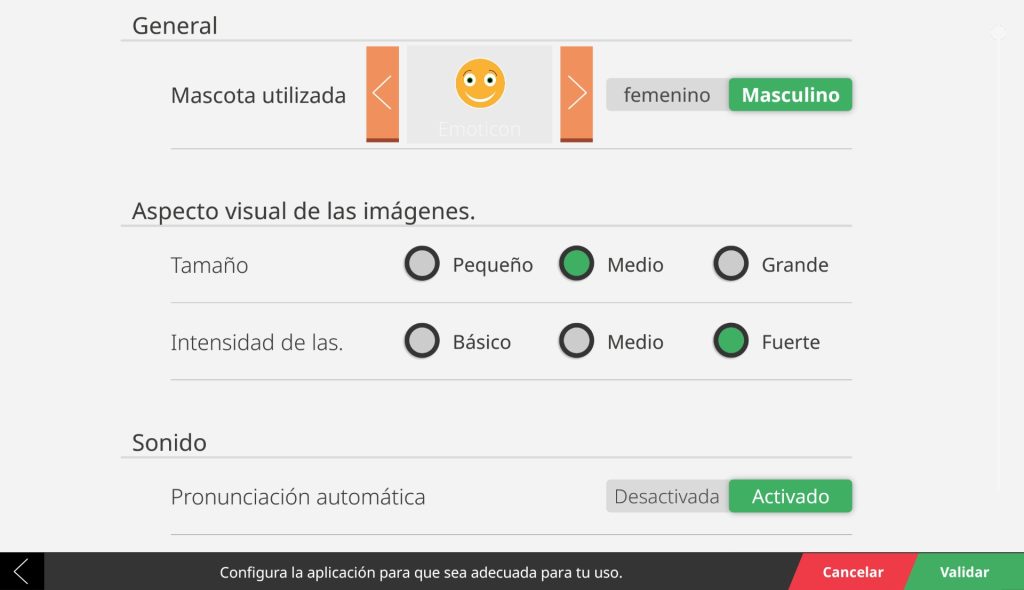 Página de los parámetros generales. En la parte superior hay dos flechas para seleccionar el avatar para las imagenes de la app. Debajo hay dos listas para retocar el aspecto visual de las imagenes con tres opciones cada una: la de arriba selecciona el tamaño de mayor a menor y la de abajo la intensidad de las fotos de mayor a menor. Por último en la parte inferior a la derecha hay dos botones uno a la izquierda para desactivar el sonido de las imágenes y otro a la derecha para activarlo.