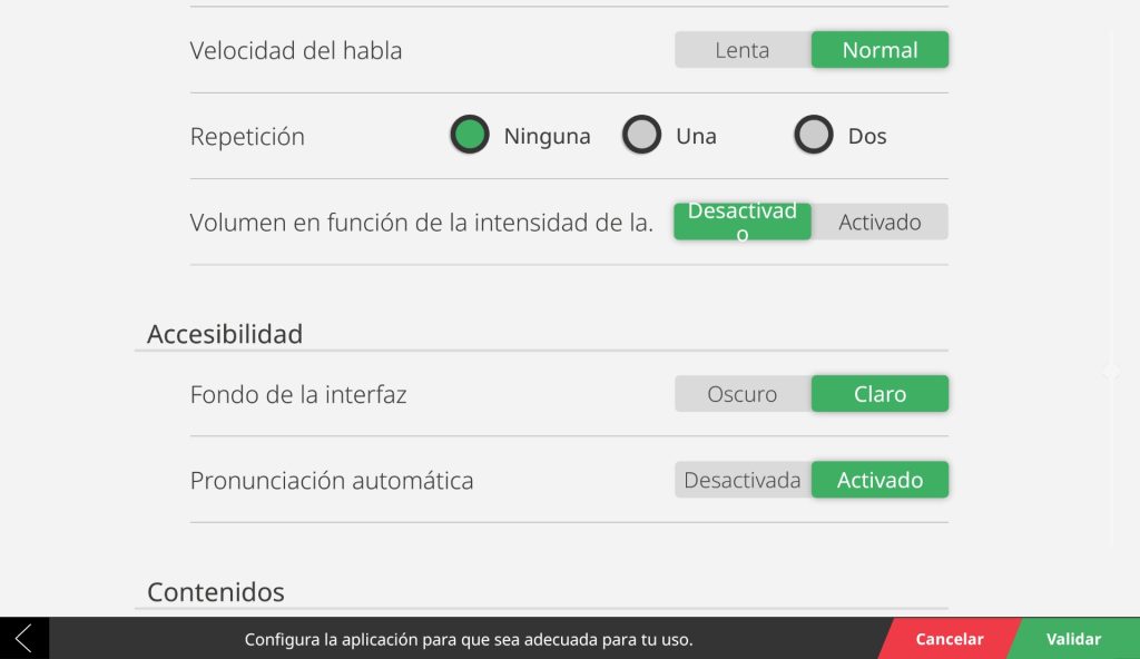 Segunda página de los parámetros generales. Hay cinco opciones de configuración. De arriba a abajo son: Velocidad del habla, repetición, volumen en función de la intensidad, fondo de la interfaz y pronunciación automática. Todas estas presentan dos botones a la derecha para configurar este aspecto de la app a excepción de repetición que ofrece una lista de tres opciones.