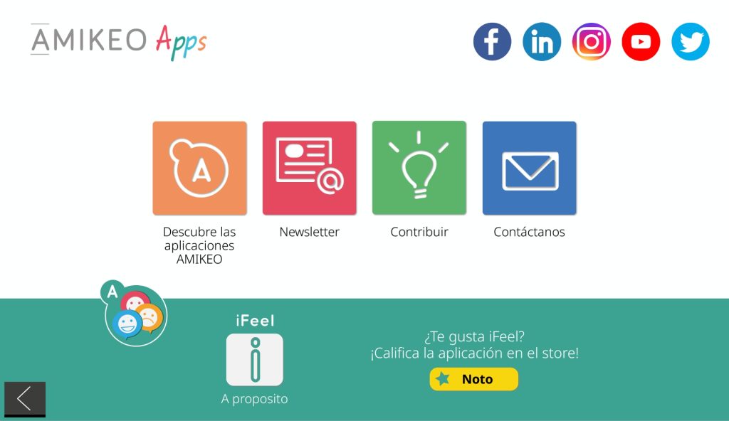 Página de información de la app. En la parte central hay una lista de cuatro botones. De izquierda a derecha son: descubrir aplicaciones de amikeo, noticias, contribuir y contáctanos. En la parte inferior hay un botón para votar la aplicación.