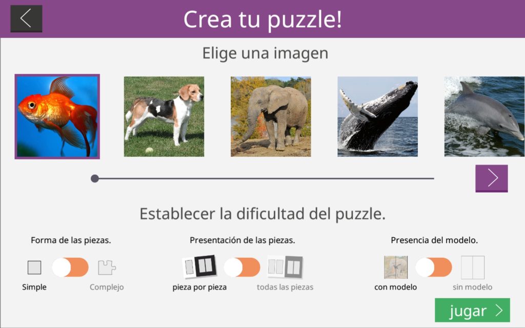 Página para crear tu puzle. Centrado, de izquierda a derecha, están las piezas de los puzles para pulsarlas y configurarlas. Estas son: pez, perro, elefante, ballena y delfín. Debajo de estas, están las opciones de configuración y hay tres. De izquierda a derecha son: forma, presentación y presencia del modelo. Por último, en la parte inferior a la derecha está el botón de jugar.