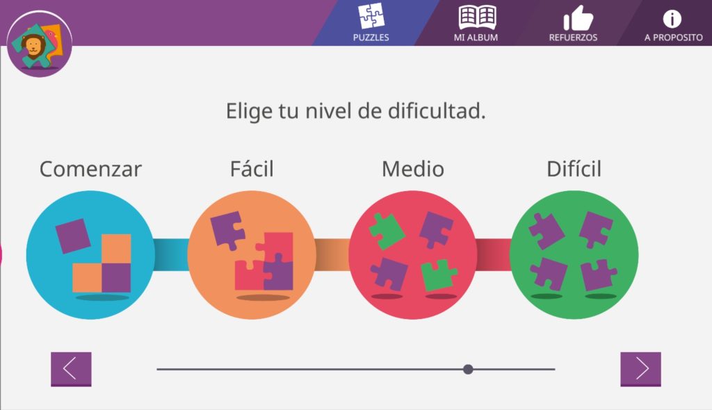 Página de selección de dificultad del juego. Hay cuatro botones centrales de seleccion de dificultad. De izquierda a derecha son: comenzar, facil, medio y dificil. En la parte superior a la izquierda, hay otros 4 botones de configuración que de izquierda a derecha son: Puzles, mi album, refuerzo y a proposito.