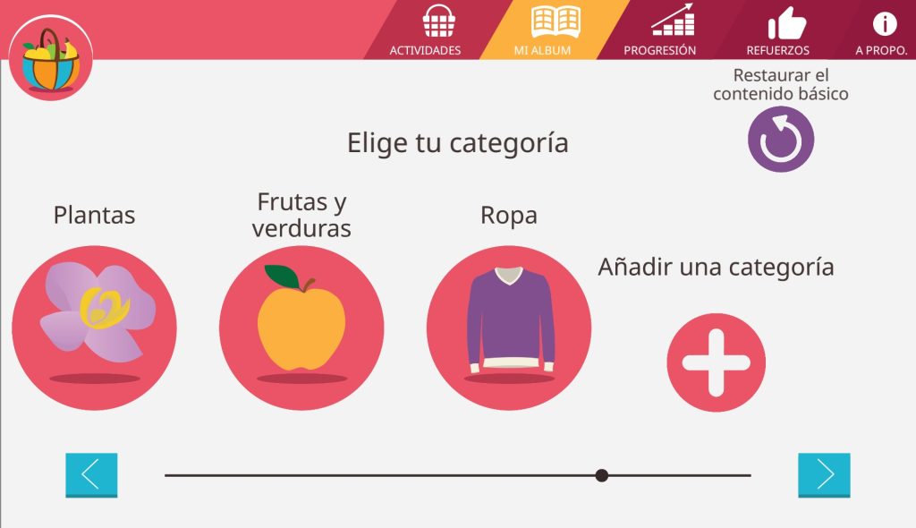 Página del álbum. En el centro de la imagen hay una lista con cuatro pulsadores. De izquierda a derecha son: plantas, frutas y verduras, ropa y añadir categoría. En la parte superior a la derecha hay un pulsador para restaurar el contenido de la aplicación.