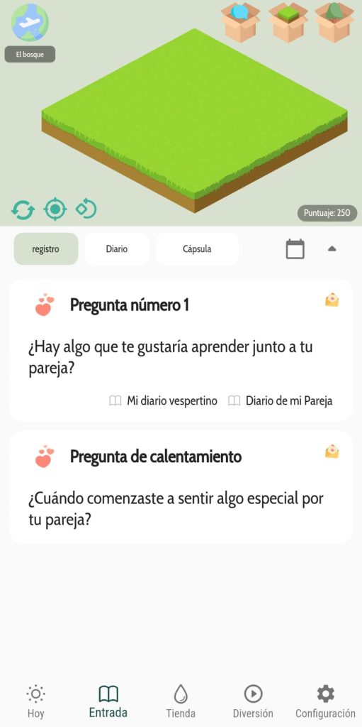 Página de configuración de la isla. Pulsando en la parte superior izquierda se consultan las islas de otros usuarios. En la parte superior derecha hay tres iconos agregar elementos a la isla. En la parte centrar está la isla y, debajo de esta, de izquierda a derecha están las respuestas a las preguntas diarias, el diario, cápsulas del tiempo y una opción final para ver un calendario.