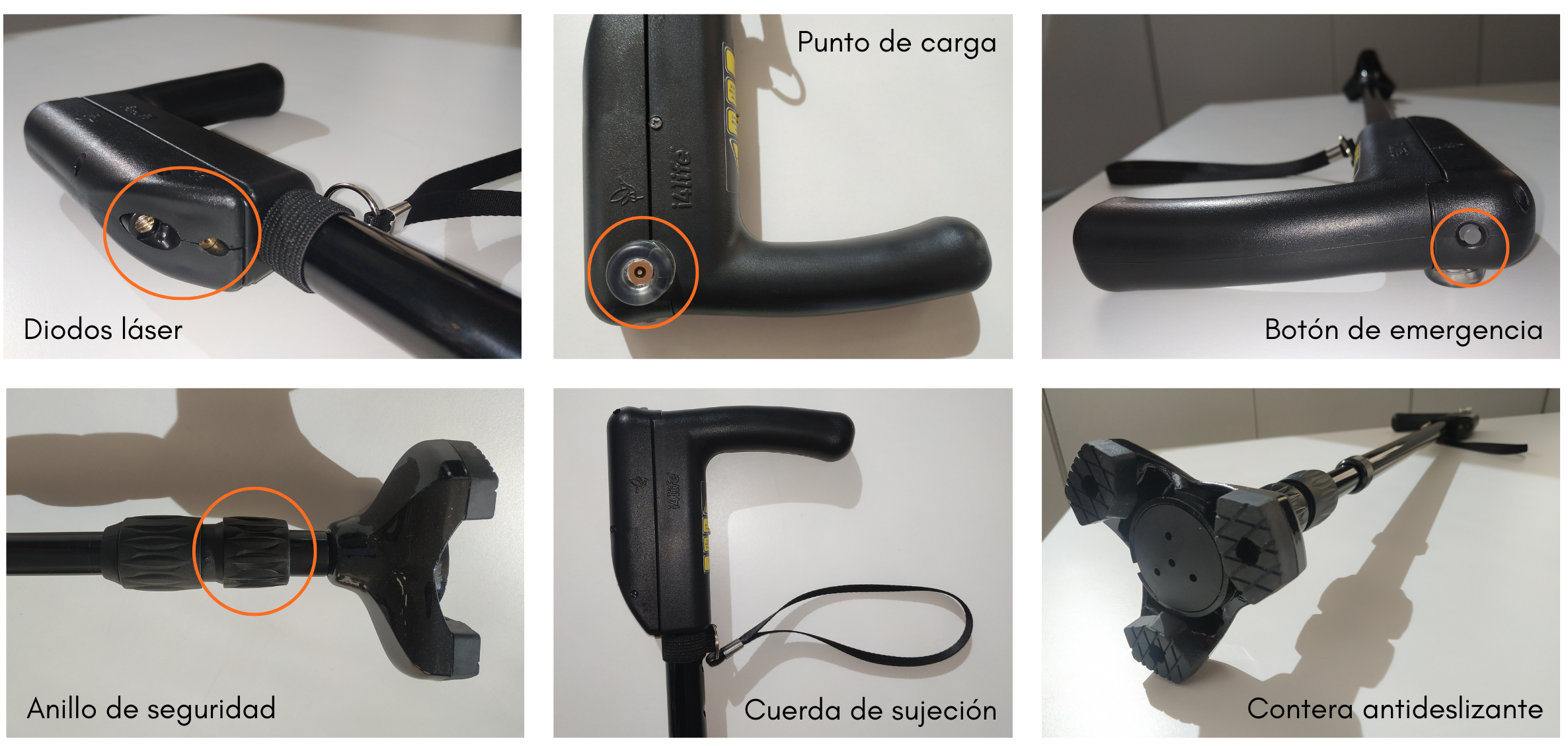 Fotos detalle del bastón Pauto: diodos láser, punto de carga, botón de emergencia, anillo de seguridad. cuerda de sujeción, contera de seguridad