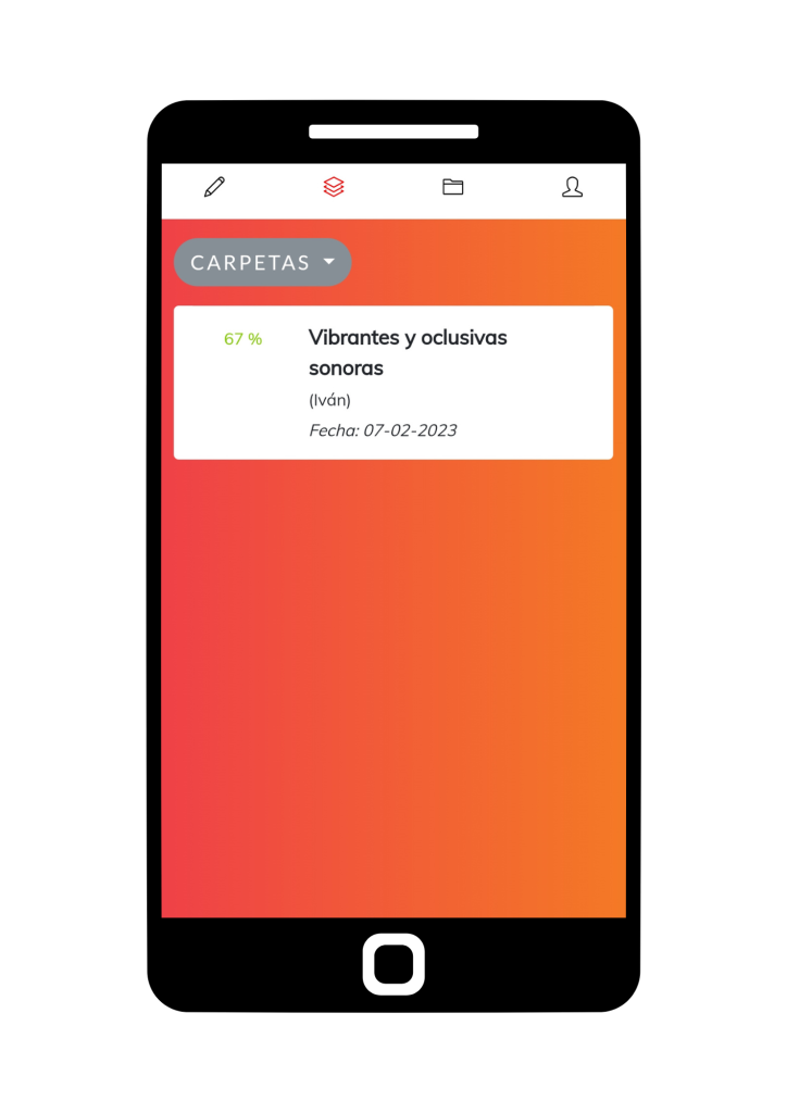 Aplicación en el móvil: ventana de resultados obtenidos en "Vibrantes oclusivas"(67%)