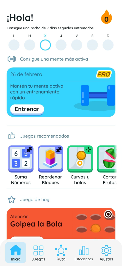 Página inicial de focus, en la parte superior está el calendario de la semana, rodeando en azul el día de la semana que es, en la parte central se muestra un listado de juegos recomendados y en la pare inferior se encuentra el menú de la aplicación, donde los botones son: inicio, juego, ruta, estadísticas y ajustes