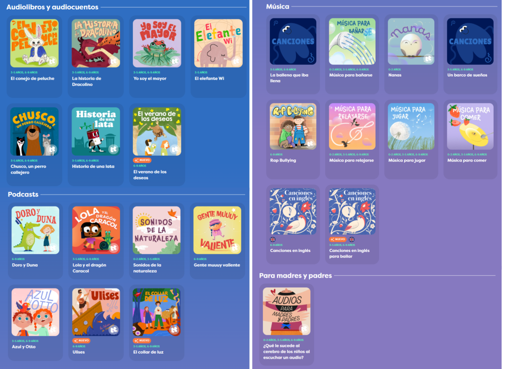 Audio stories and audio books available such as "The stuffed rabbit" or "the whale that was full"