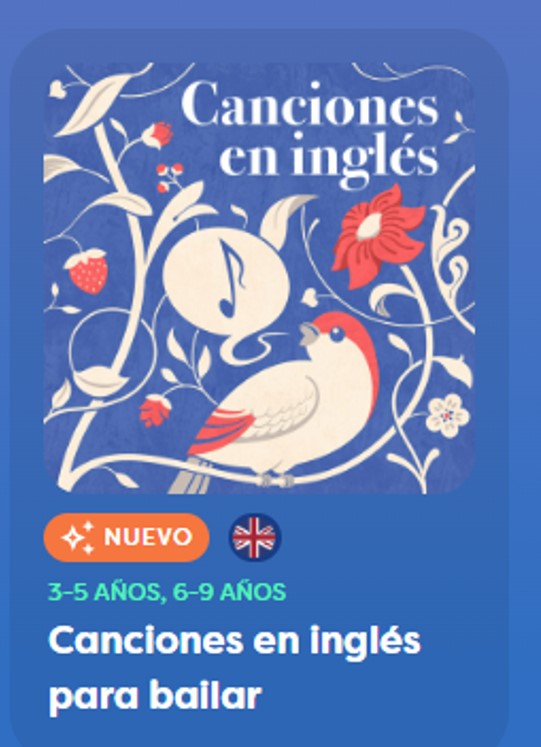 Information prior to an audio: Large title with drawings of musical notes: "Songs in English". Age range and language.