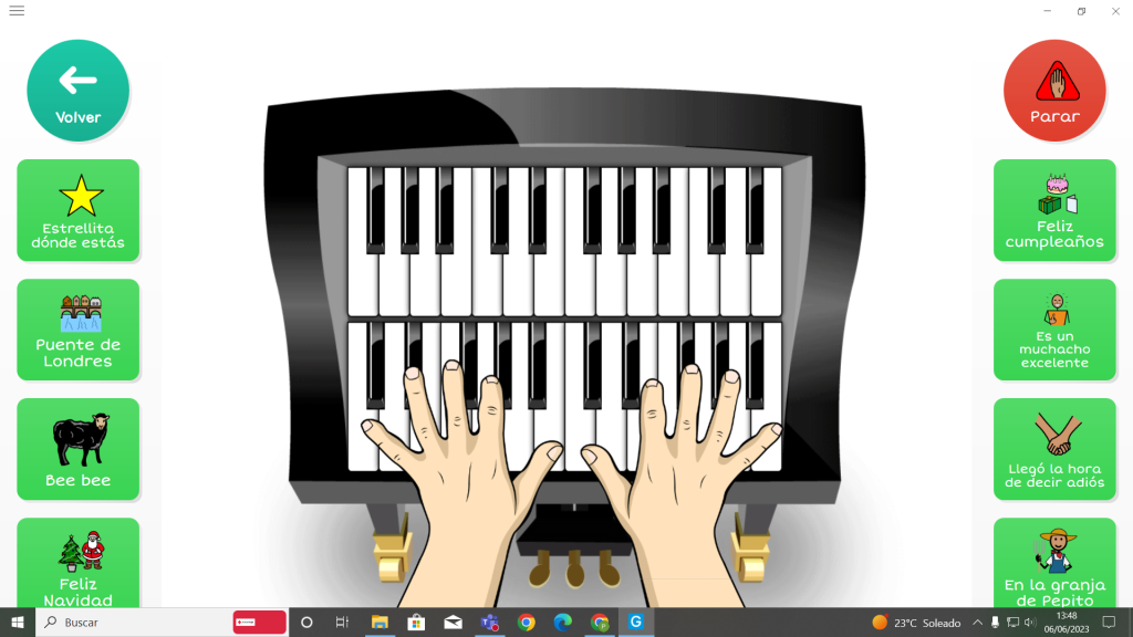 Juego interactivo con pictogramas para tocar un piano