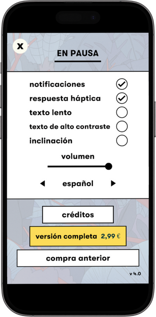App BirdAlone. Configuración de la aplicación. Checklist para activar o desactivar notificaciones, respuesta háptica, texto lento, texto de alto contraste e inclinación. Posibilidad de aumentar o disminuir el volumen y cambiar el idioma.