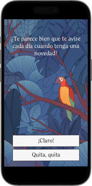 App BirdAlone. Ejemplo de conversación: "¿Te parece bien que te avise cada día cuando tenga una novedad?"
