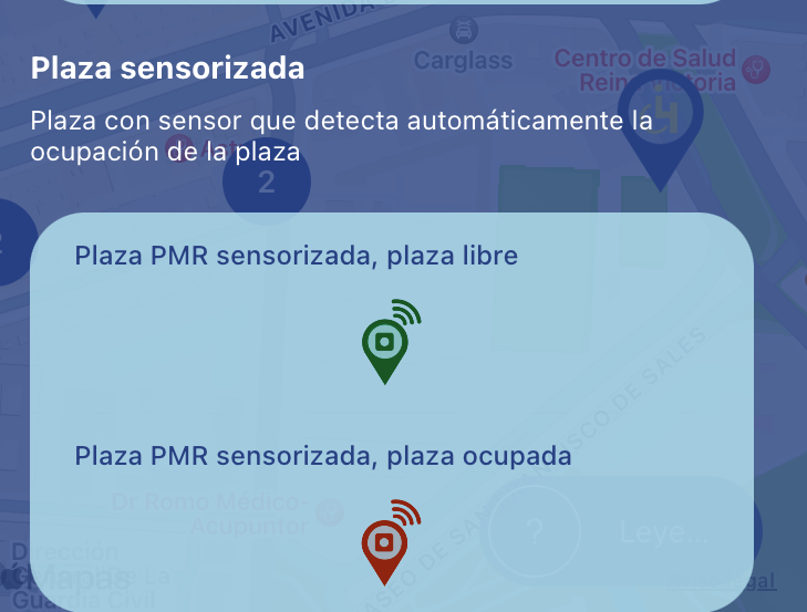 App Park4Dis. Imagen que muestra los dos tipos de estado de las plazas sensorizadas incluidas en la aplicación: libre y ocupada.